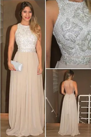 A-line High Neck Sequins Chiffon Open Back Prom Dresses With Beading, MP270