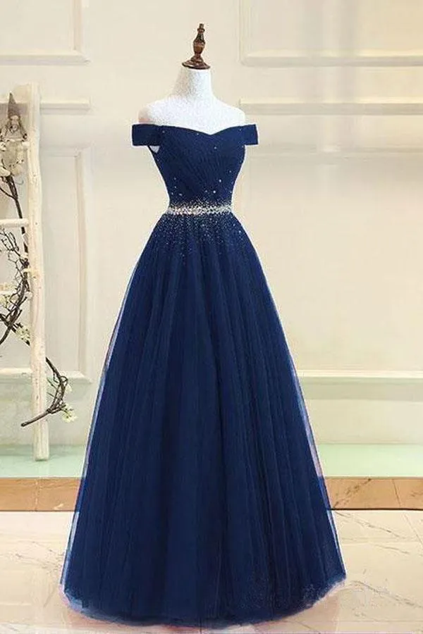 A-line Off The Shoulder Navy Blue Tulle Prom Dress With Beading TP0898
