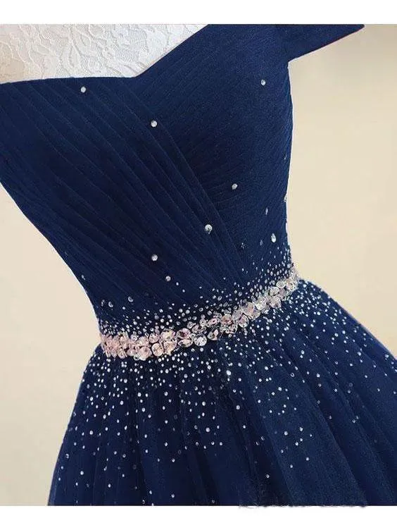 A-line Off The Shoulder Navy Blue Tulle Prom Dress With Beading TP0898
