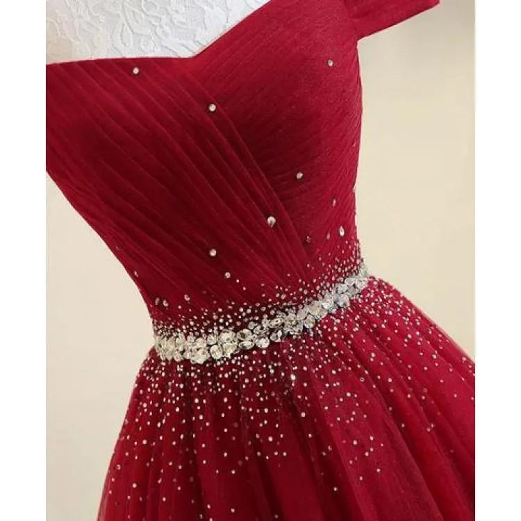 A-line Off The Shoulder Navy Blue Tulle Prom Dress With Beading TP0898