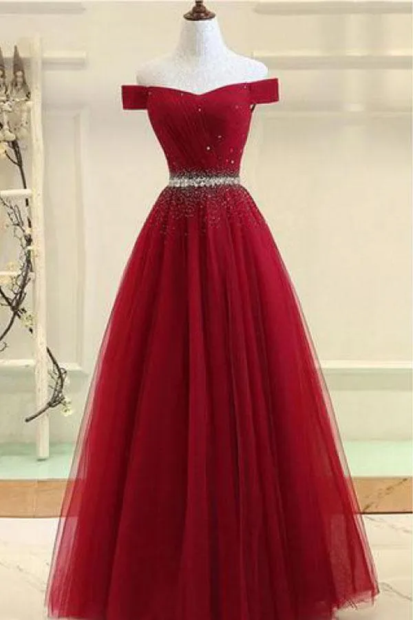 A-line Off The Shoulder Navy Blue Tulle Prom Dress With Beading TP0898