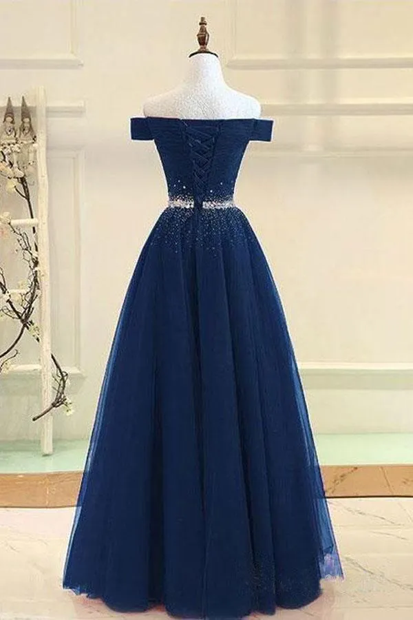 A-line Off The Shoulder Navy Blue Tulle Prom Dress With Beading TP0898