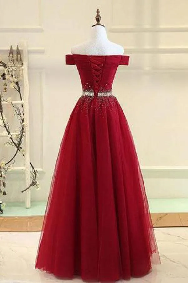 A-line Off The Shoulder Navy Blue Tulle Prom Dress With Beading TP0898
