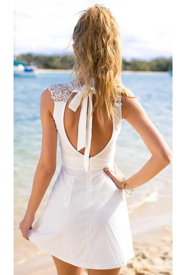 A-Line Short Open Back White Stretch Satin Homecoming Dress With Lace TR0188