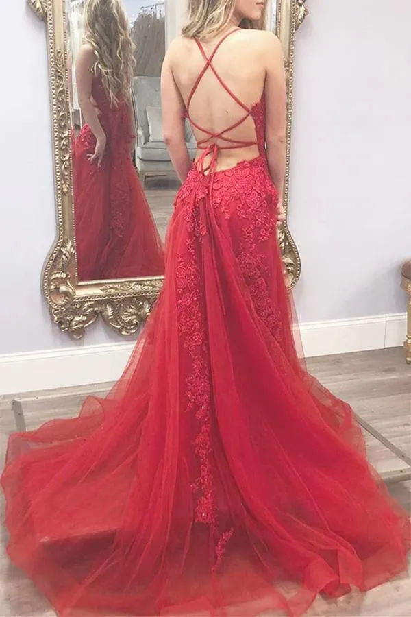 A Line Spaghetti Straps Yellow Split Long Prom Dress With Lace Appliques PSK211