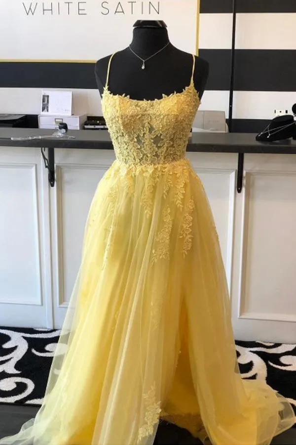 A Line Spaghetti Straps Yellow Split Long Prom Dress With Lace Appliques PSK211