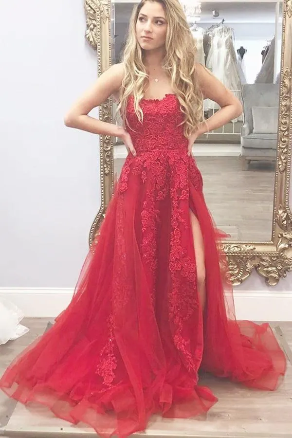 A Line Spaghetti Straps Yellow Split Long Prom Dress With Lace Appliques PSK211