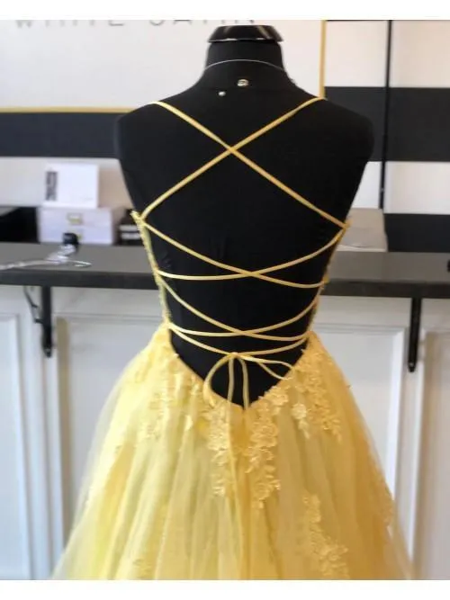 A Line Spaghetti Straps Yellow Split Long Prom Dress With Lace Appliques PSK211