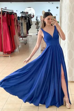 A Line V Neck Royal Blue Satin Long Prom Dress with High Slit APP0719
