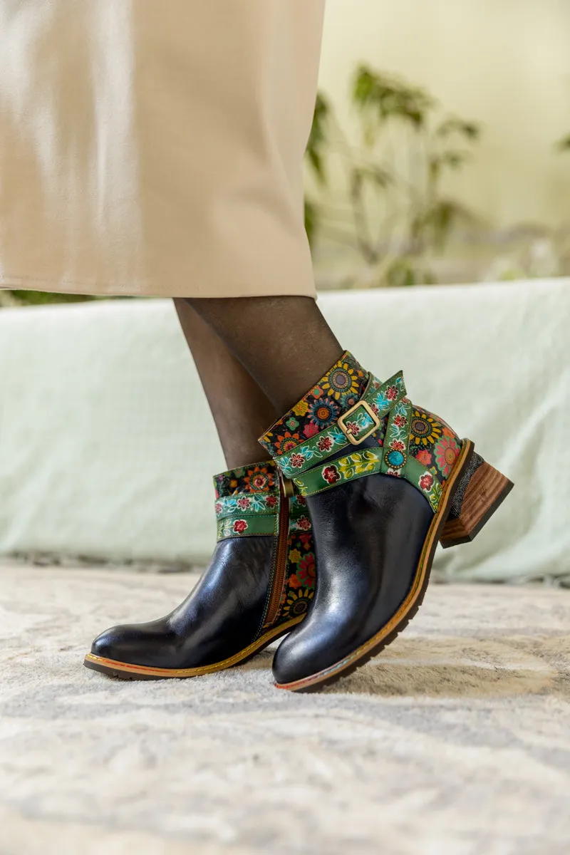 Abstract Floral Strap Leather Ankle Boot