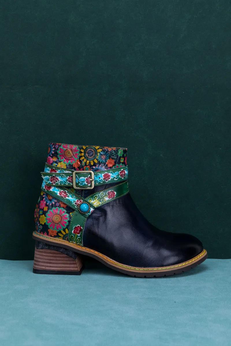 Abstract Floral Strap Leather Ankle Boot