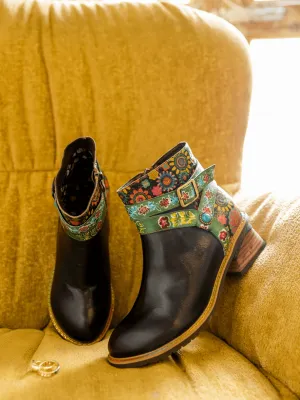 Abstract Floral Strap Leather Ankle Boot