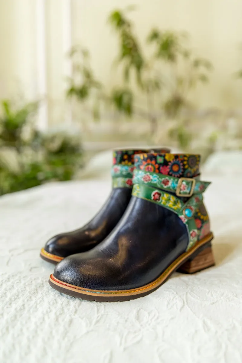 Abstract Floral Strap Leather Ankle Boot