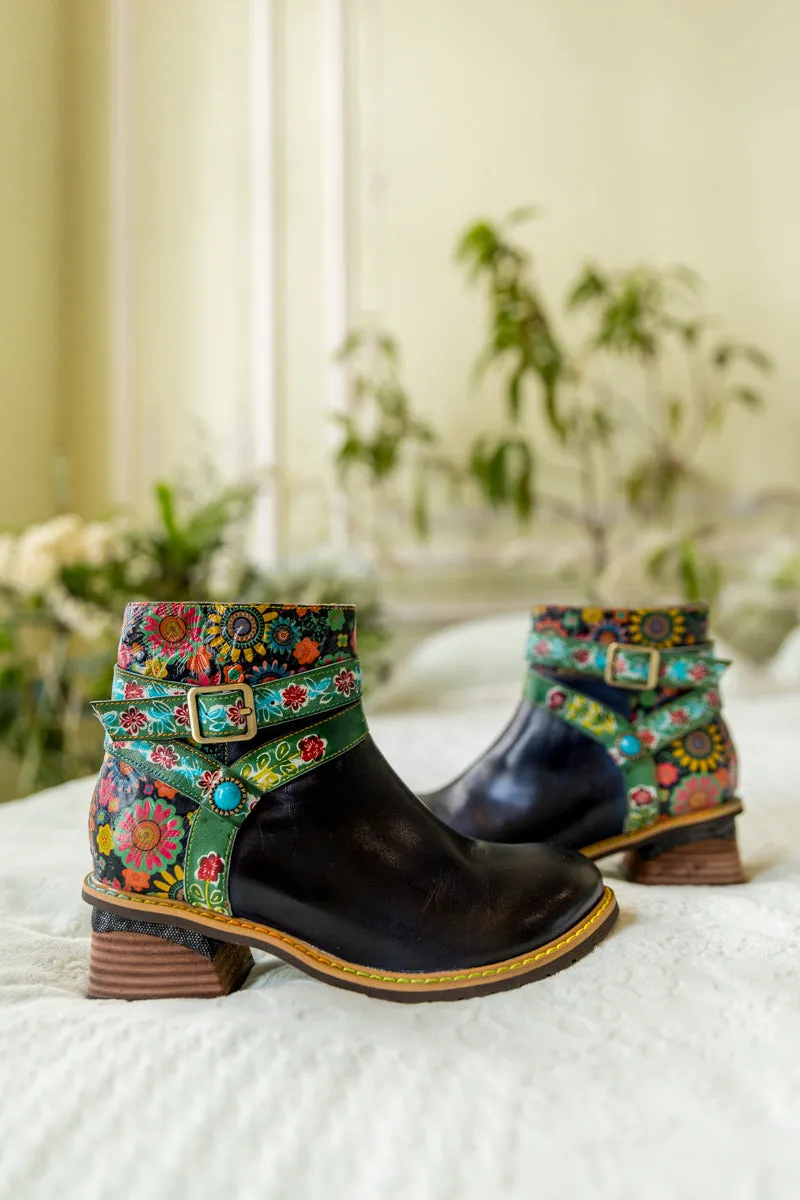 Abstract Floral Strap Leather Ankle Boot