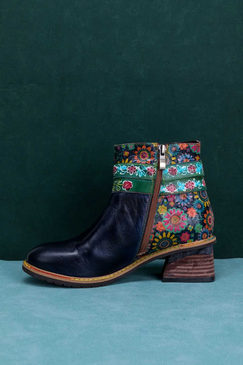 Abstract Floral Strap Leather Ankle Boot