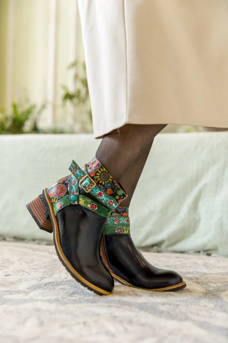 Abstract Floral Strap Leather Ankle Boot