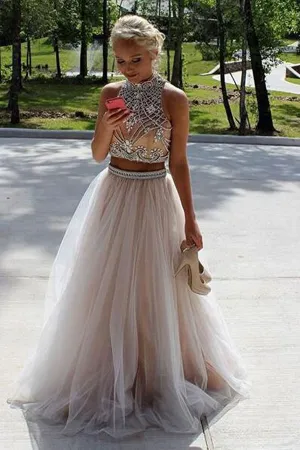 Anneprom Two Piece High Neck Sleeveless Floor-Length Prom Dresses Evening Dresses APP0120