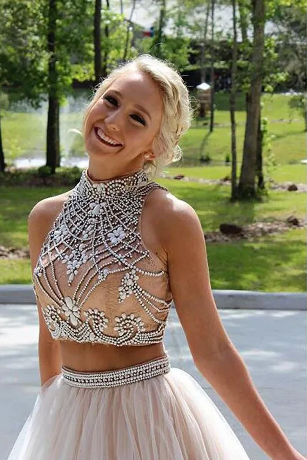 Anneprom Two Piece High Neck Sleeveless Floor-Length Prom Dresses Evening Dresses APP0120