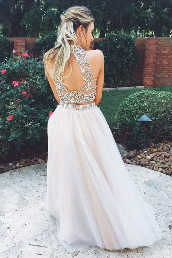 Anneprom Two Piece High Neck Sleeveless Floor-Length Prom Dresses Evening Dresses APP0120