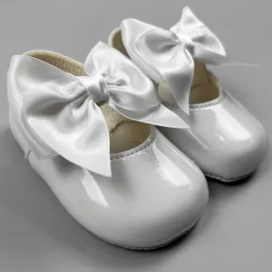Baby Girl Shoes with Satin Ribbon Bow - White