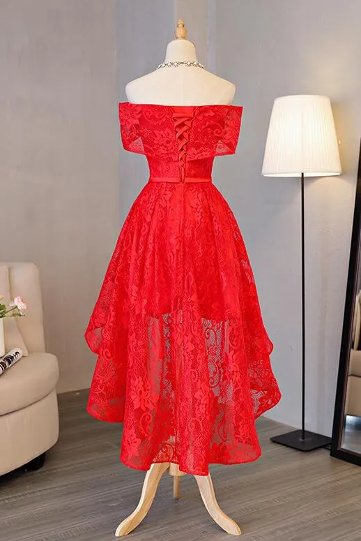 Beautiful Red Lace High Low Off Shoulder Wedding Party Dress, Red Homecoming Dress