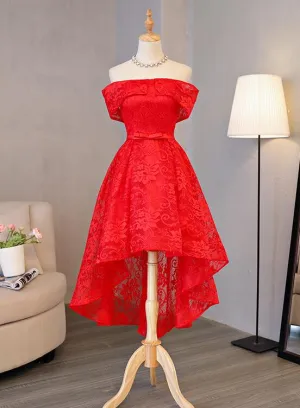 Beautiful Red Lace High Low Off Shoulder Wedding Party Dress, Red Homecoming Dress
