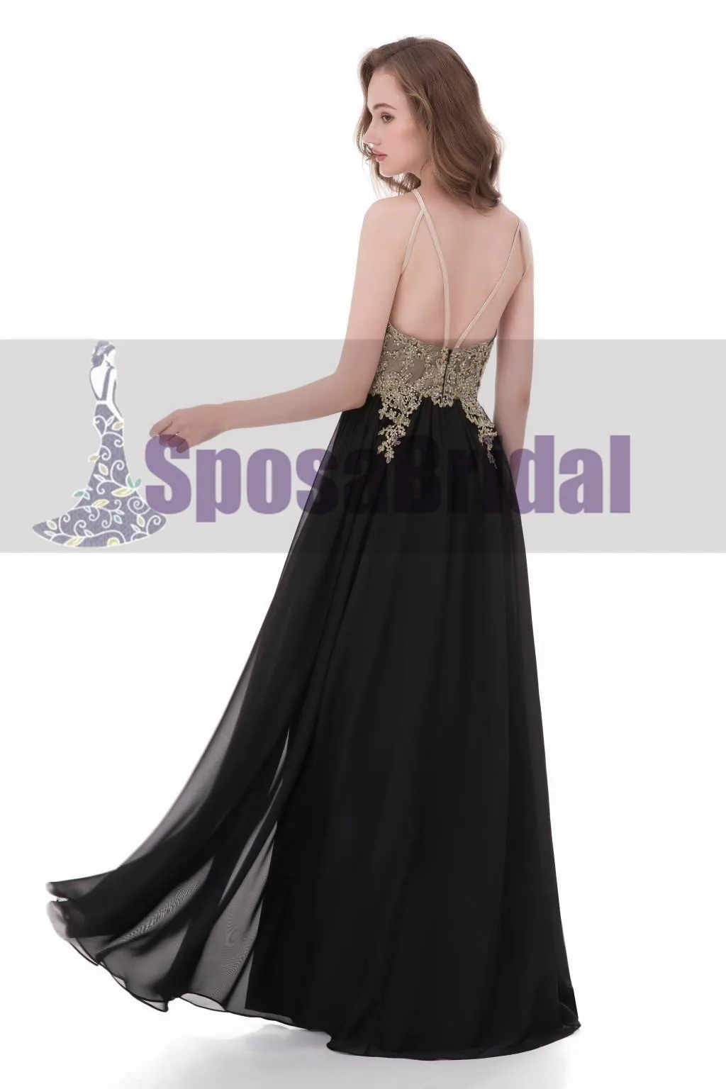 Black Chiffon Gold Halt A-line Gorgeous Prom Dresses, Elegant Formal Prom Dress, PD0480