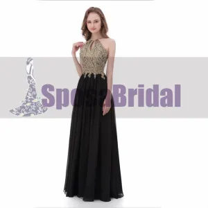 Black Chiffon Gold Halt A-line Gorgeous Prom Dresses, Elegant Formal Prom Dress, PD0480