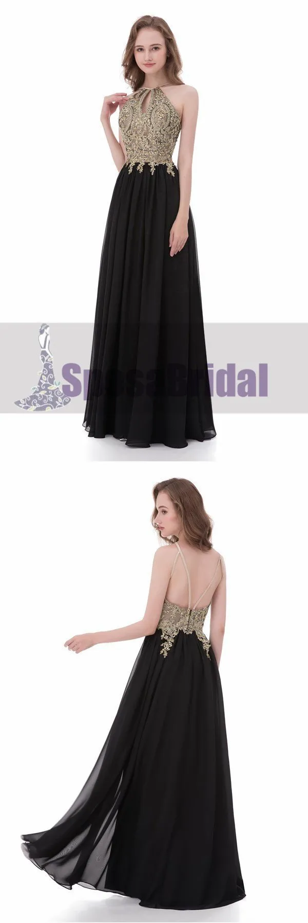 Black Chiffon Gold Halt A-line Gorgeous Prom Dresses, Elegant Formal Prom Dress, PD0480