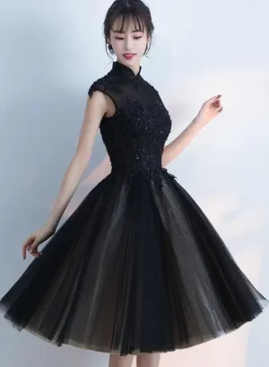 Black Tulle Homecoming Dress with High Neckline, Black Short Party Dress Prom Dress
