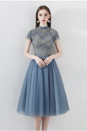 Blue A Line Tulle Short Sleeves High Neck Appliques Homecoming Dress OKC5