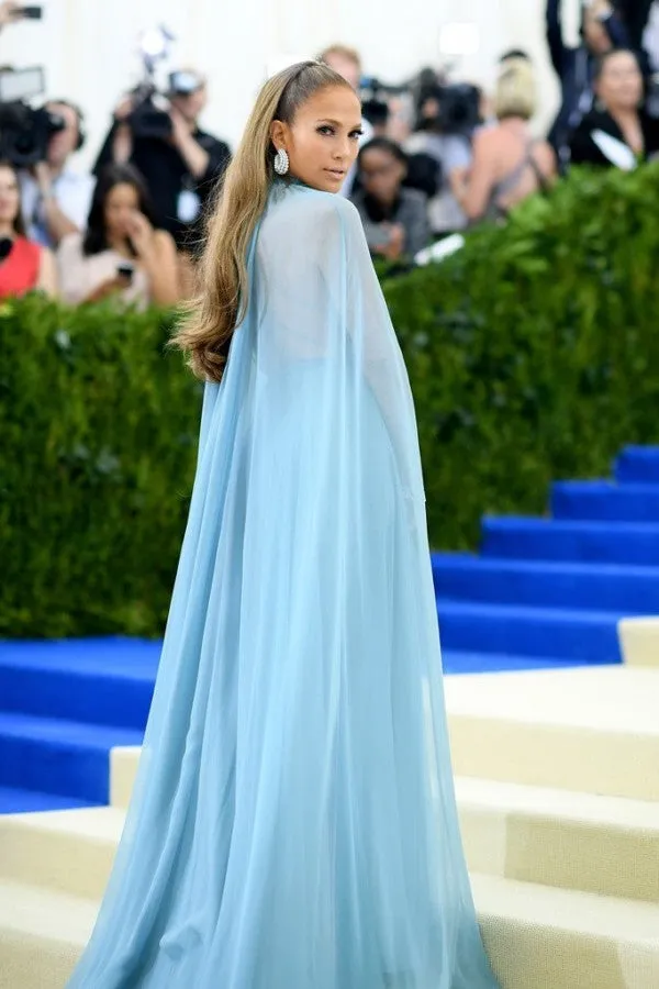 Blue Jennifer Lopez (J.Lo) Cape High Neck Dress Pastel Prom Celebrity Red Carpet Dress Met Gala