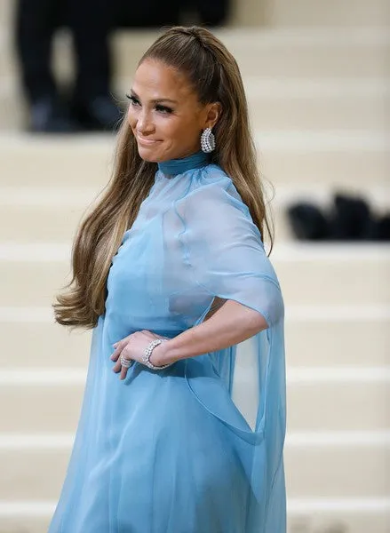 Blue Jennifer Lopez (J.Lo) Cape High Neck Dress Pastel Prom Celebrity Red Carpet Dress Met Gala