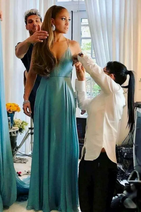 Blue Jennifer Lopez (J.Lo) Cape High Neck Dress Pastel Prom Celebrity Red Carpet Dress Met Gala