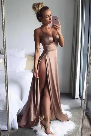 Brown Satin Deep V Neck Spaghetti Straps Thigh-High Slit Long Prom Dress, MP138