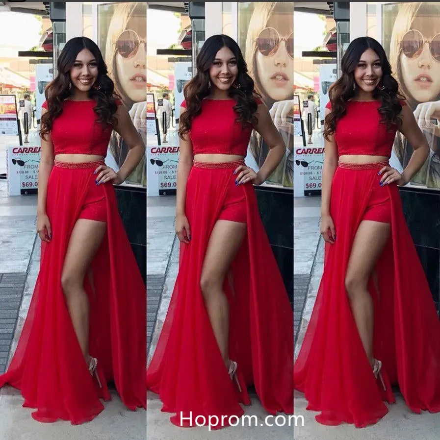 Cap Sleeve Two Piece High Slit Prom Dresses Two Piece Evening Dresses
