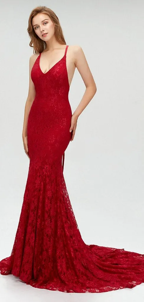 Charming Red Lace Spaghetti Straps Sexy Mermaid Prom Dresses, Evening Dress, PD0438