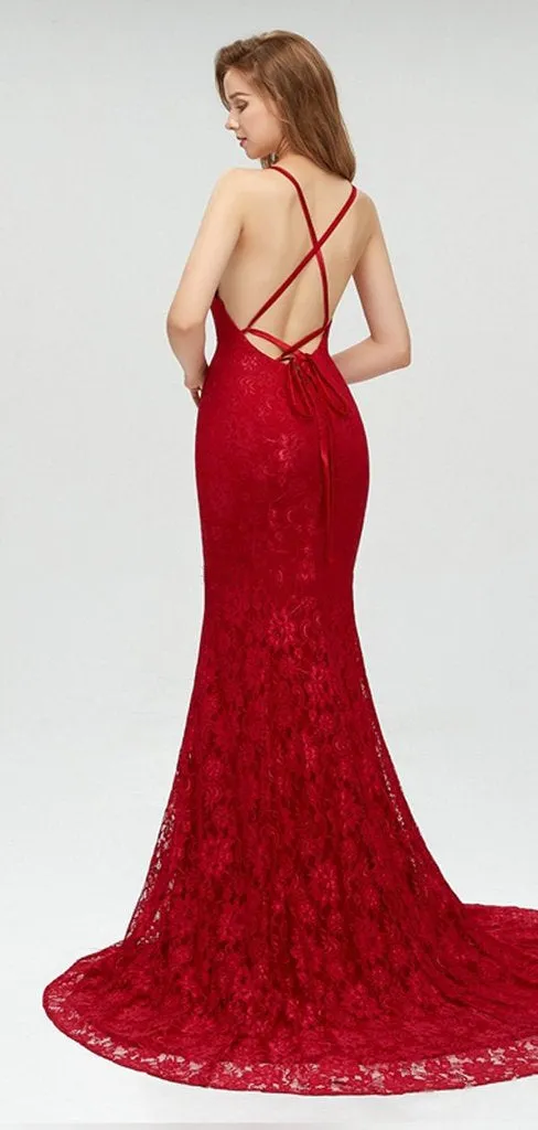 Charming Red Lace Spaghetti Straps Sexy Mermaid Prom Dresses, Evening Dress, PD0438