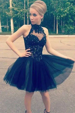 Cheap Lace Tulle High Neck Black Homecoming Dresses, Short Prom Dresses OKC25