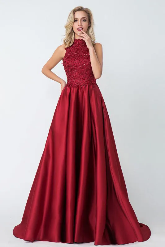 Chic A-line Red High Neck Applique Satin Long Prom Dress Evening Dress OKA67