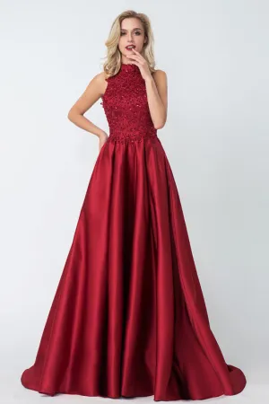 Chic A-line Red High Neck Applique Satin Long Prom Dress Evening Dress OKA67