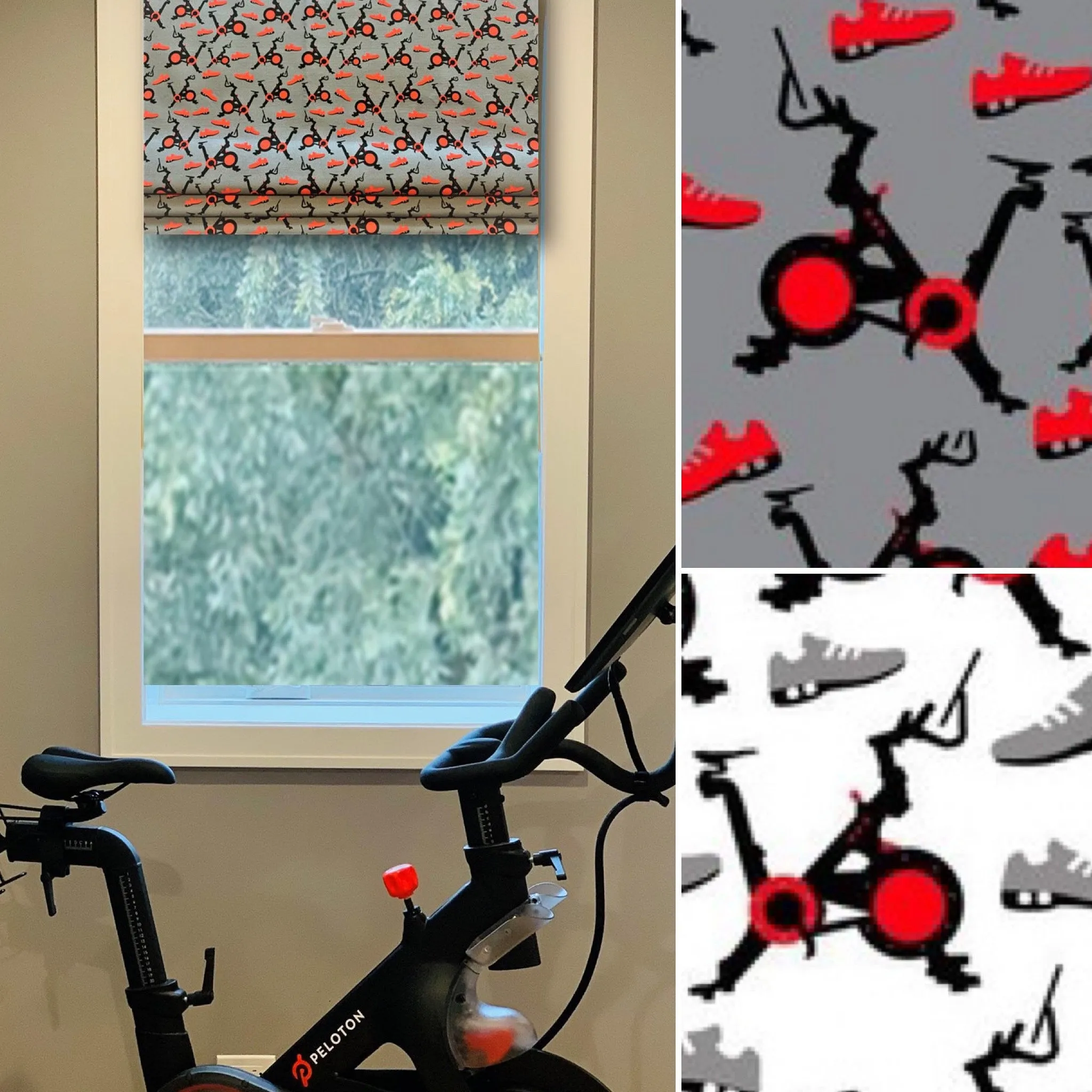 Custom Made Faux Roman Shade Valance in Pelo Bike and Shoes Pattern in Premium Cotton Linen Fabric, Fully Lined Grey or Red