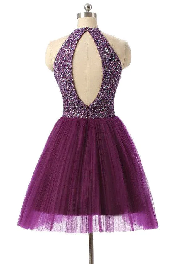 Cute A-Line Halter Sleeveless Short Purple Homecoming Dress TP0005