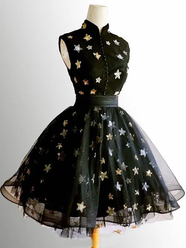 Cute A-line High Neck Homecoming Dresses Black Short Prom Dress, Cute Homecoming Dress