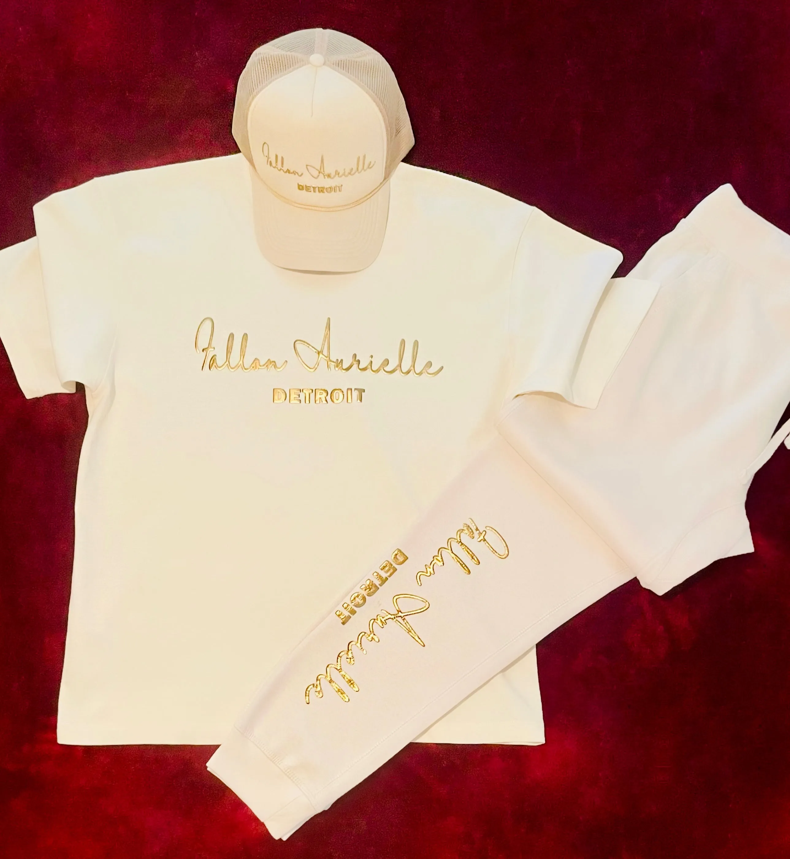 Fallon Aurielle Unisex Signature 3 Piece Detroit Rep Yo Set Jogger Set (Cream & Gold)