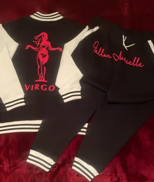 Fallon Aurielle Unisex Signature Virgo Virgin Woman Logo & Name Zodiac Jacket Jogging Set (Black, Red & White)
