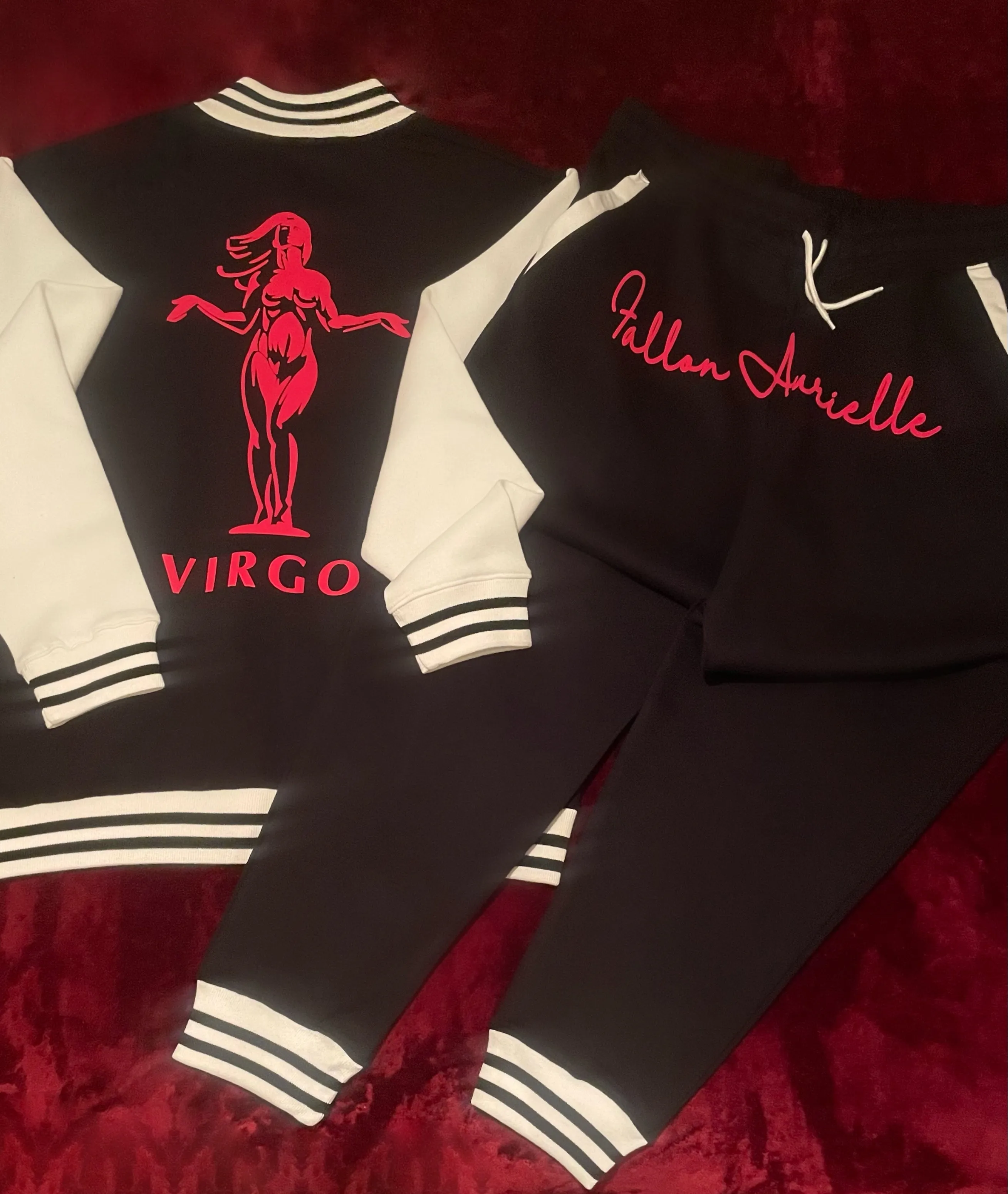 Fallon Aurielle Unisex Signature Virgo Virgin Woman Logo & Name Zodiac Jacket Jogging Set (Black, Red & White)