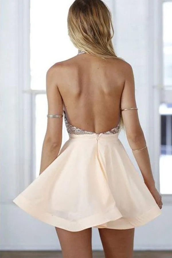 Fancy Halter Open Back Short Homecoming Dress With Beading TR0051