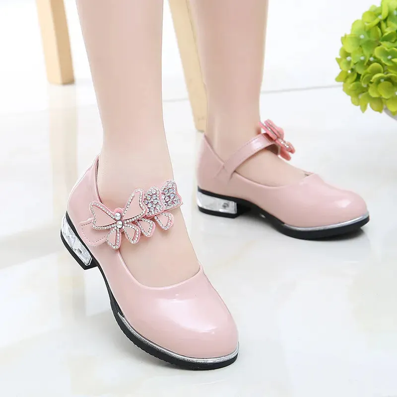 Girls Leather Shoes 2023 Spring Summer PU Patent Leather Kids Dress Shoes High Heels Butterfly-knot Dress Shoes for Wedding Chic
