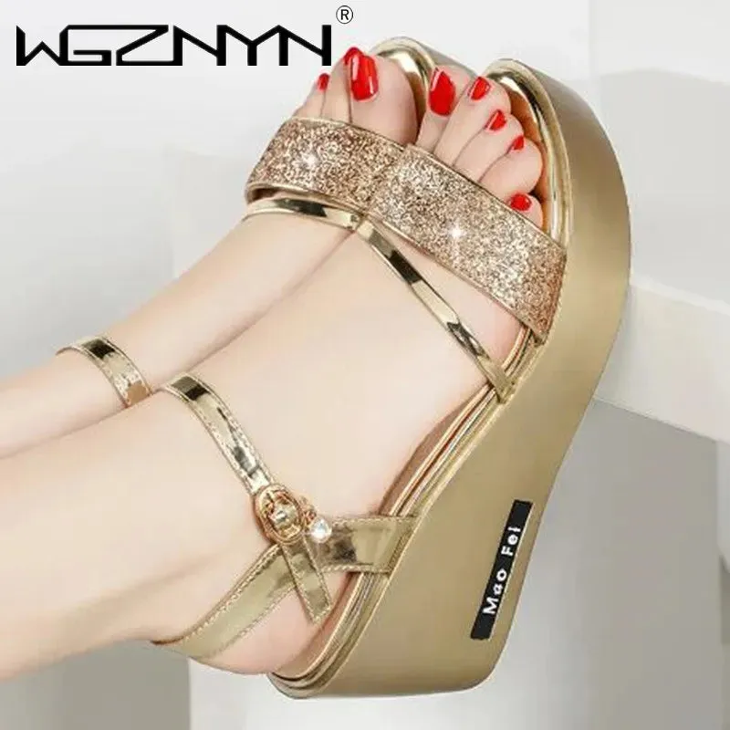 Gold Thick Sole High Heels Shoes